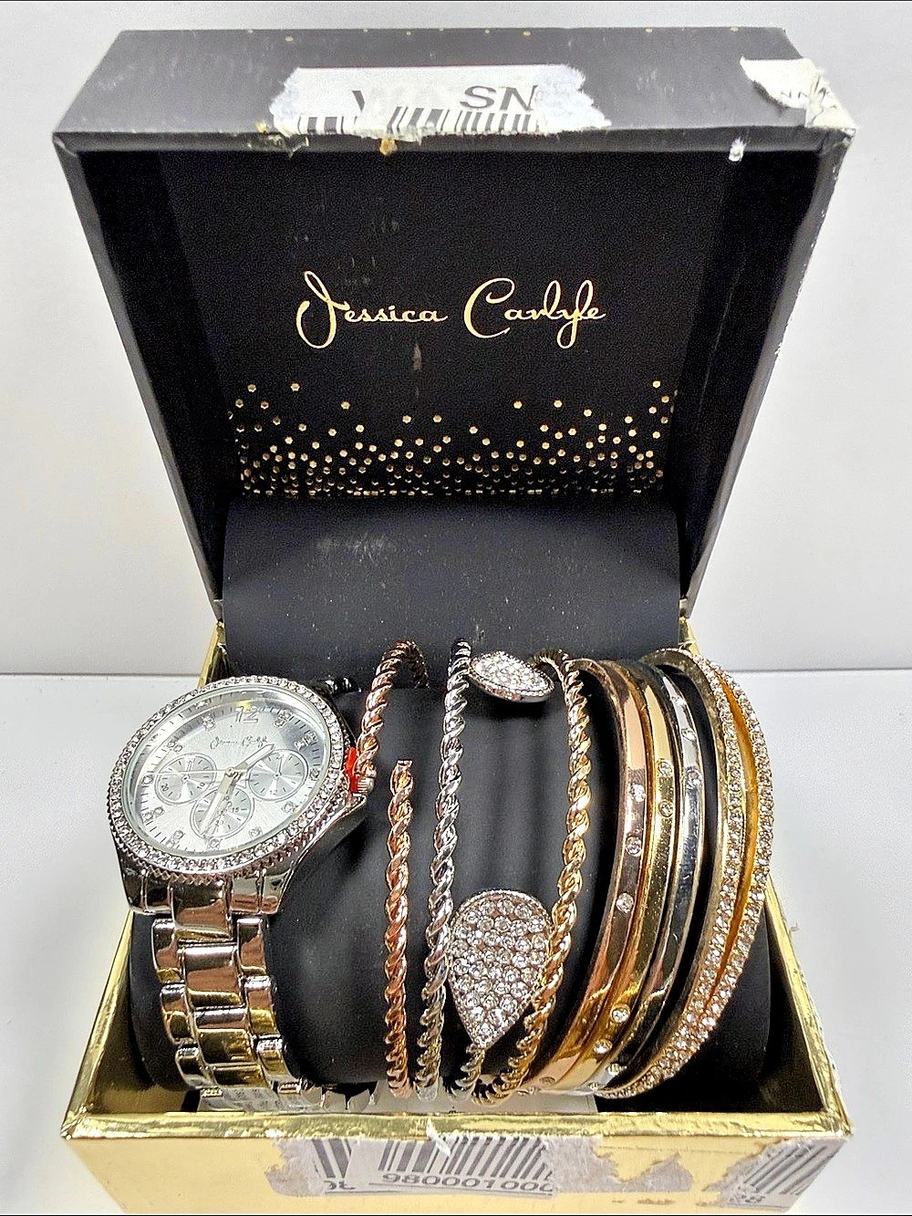Jessica Carlyle Women's Silver-Tone Crystal Bezel Watch & Stackable Bracelet